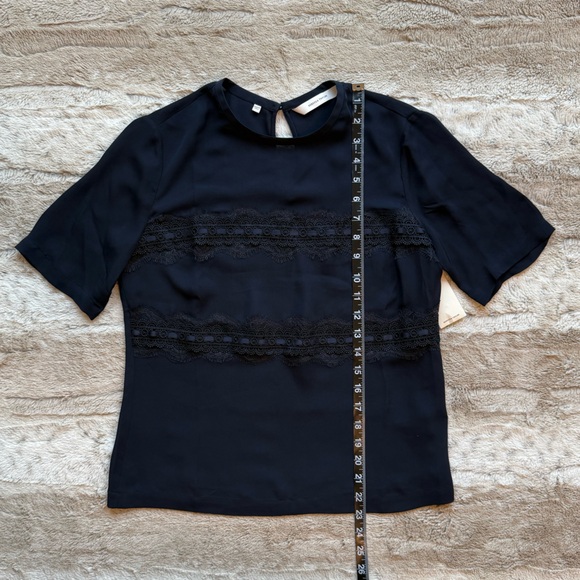 NWT REBECCA TAYLOR Lace Stripe Silk Top In Dark Navy Size XS - Picture 12 of 16
